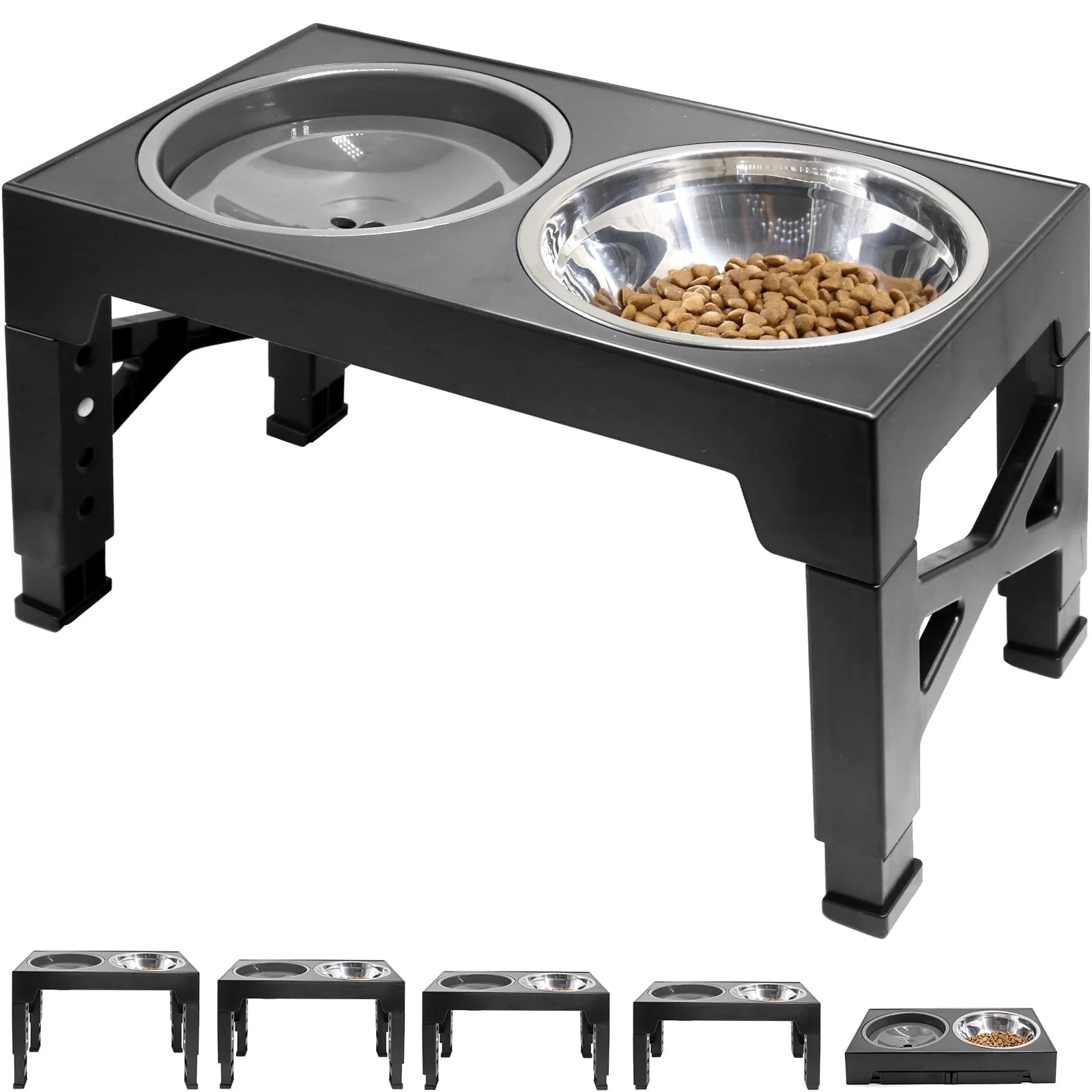 Elevated Dog Bowls, 5 Adjustable Heights Raised Dog Bowl Stand with 1 Stainless Steel Food & Dog Water Bowl, Dog Bowls for Large Dogs& Cats (Black)