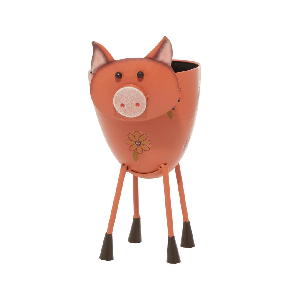 8" X 16" Pink Metal Pig Planter with Floral Accents