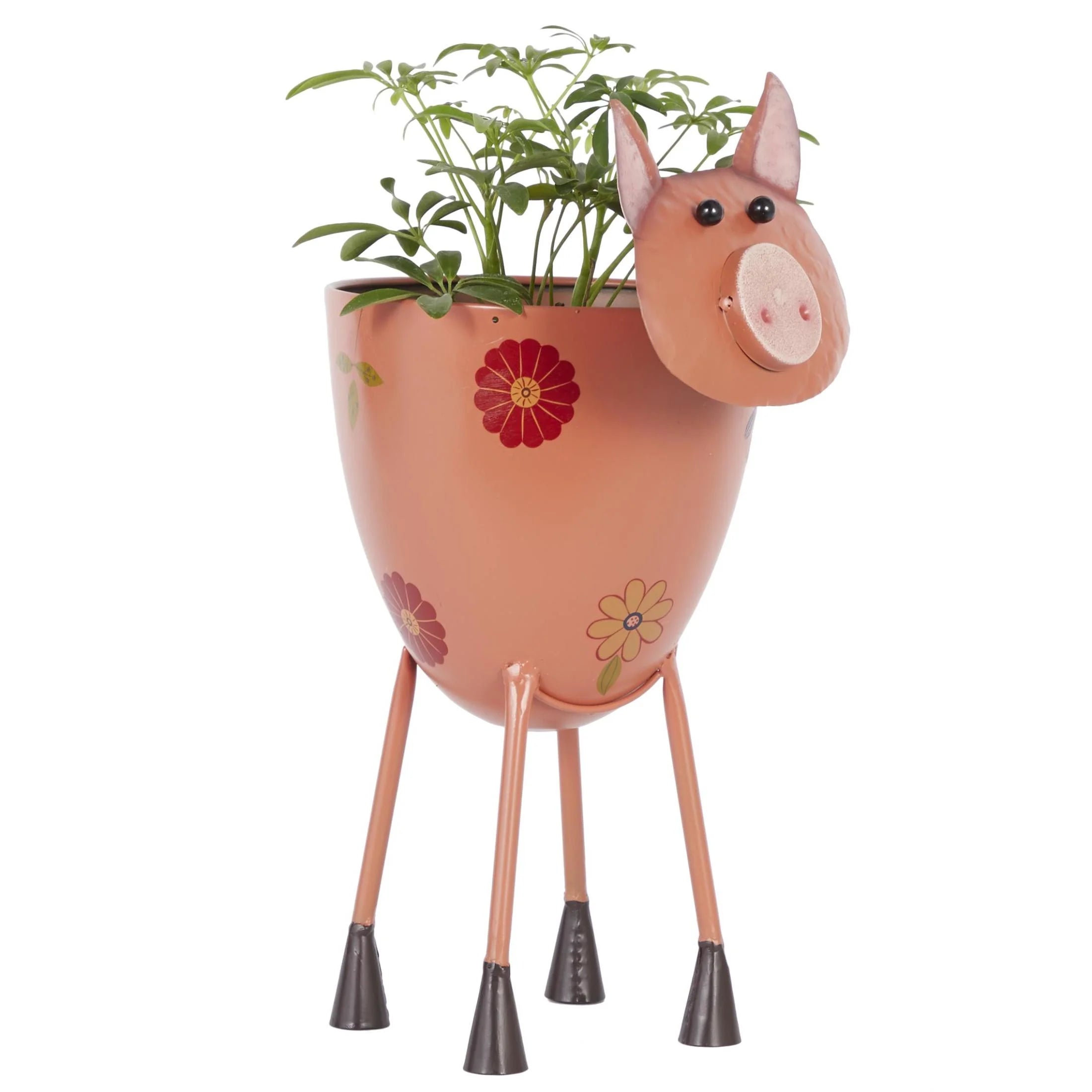8" X 16" Pink Metal Pig Planter with Floral Accents