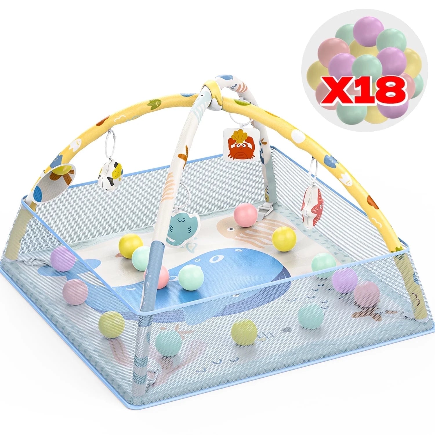 5-In-1 Baby Gym & Play Mat, Tummy Time Toys with Sensory Toys & 18 Balls for Newborns and Infants 0-12 Months, Whale