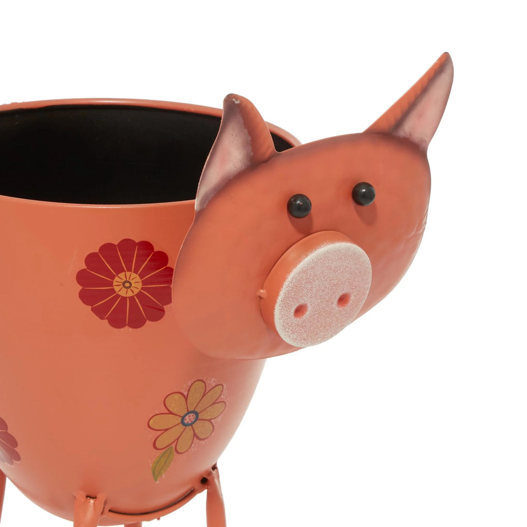 8" X 16" Pink Metal Pig Planter with Floral Accents