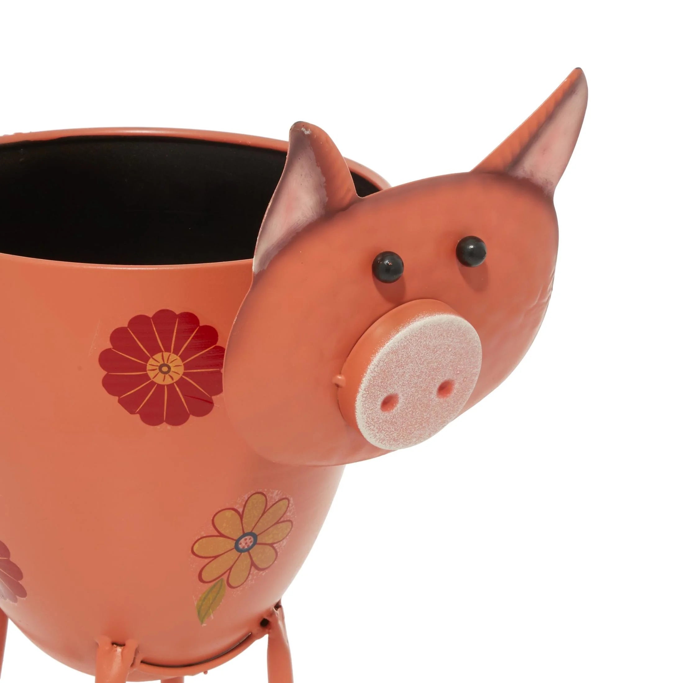 8" X 16" Pink Metal Pig Planter with Floral Accents