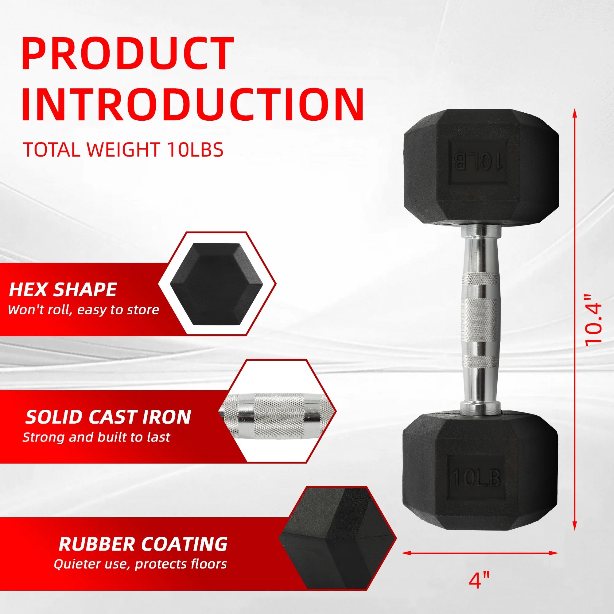 Rubber Encased Hex Dumbbell, Black, 10 Lb