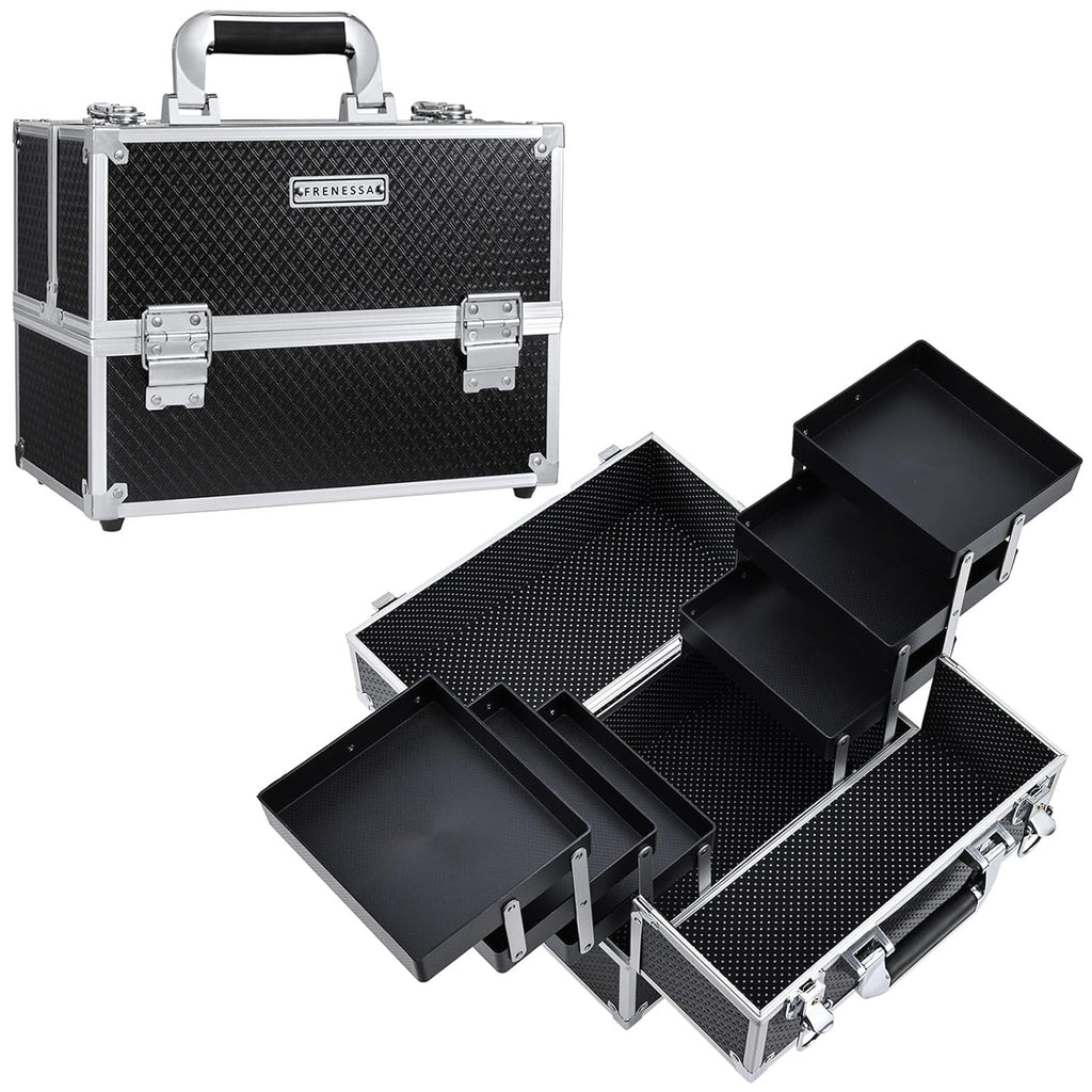 Makeup Train Case Makeup Case 11.8 Inch Large Cosmetic Box Organizer Travel Storage Professional Make up Train Carrying Case with 6 Trays Locking Hard Vanity Storage Black