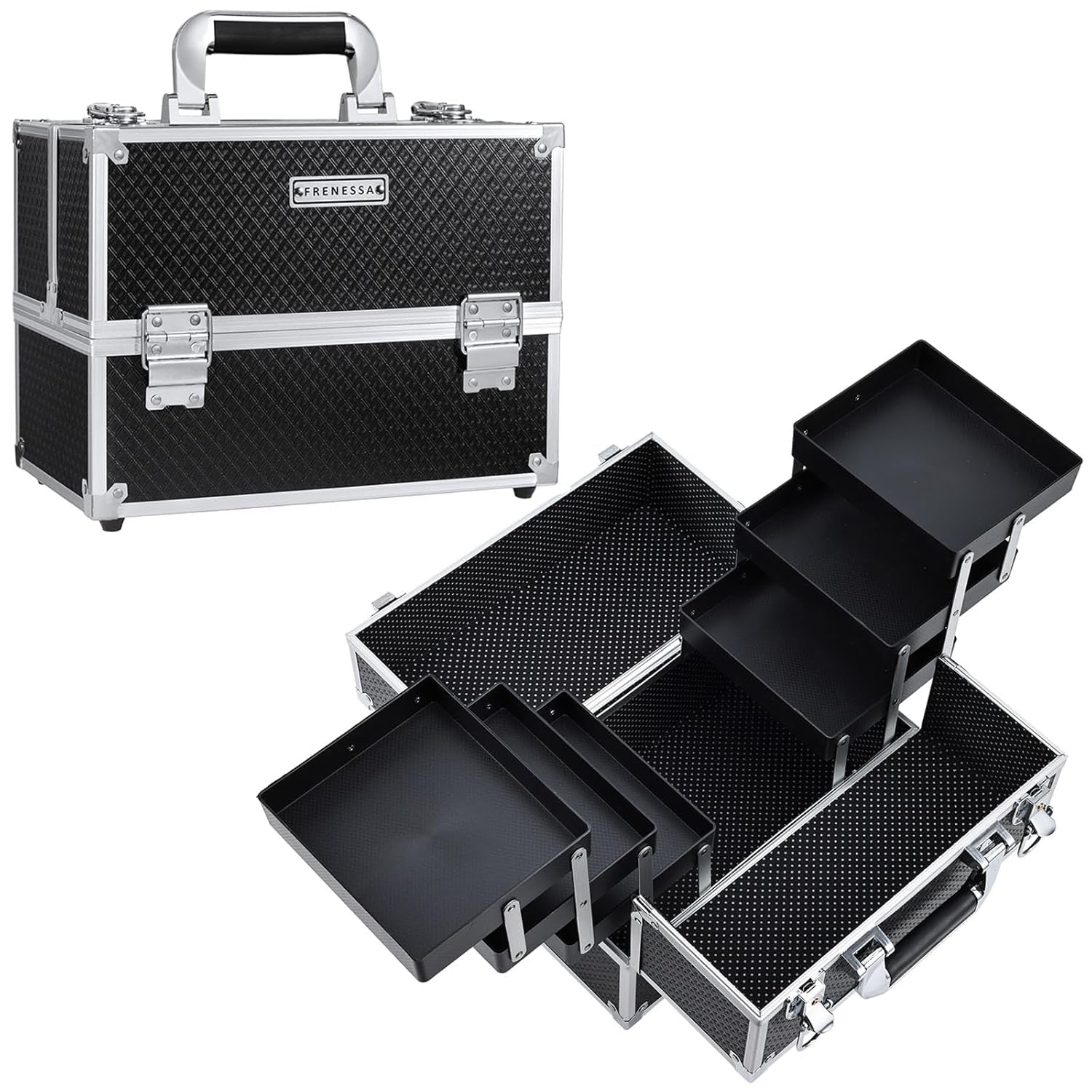 Makeup Train Case Makeup Case 11.8 Inch Large Cosmetic Box Organizer Travel Storage Professional Make up Train Carrying Case with 6 Trays Locking Hard Vanity Storage Black