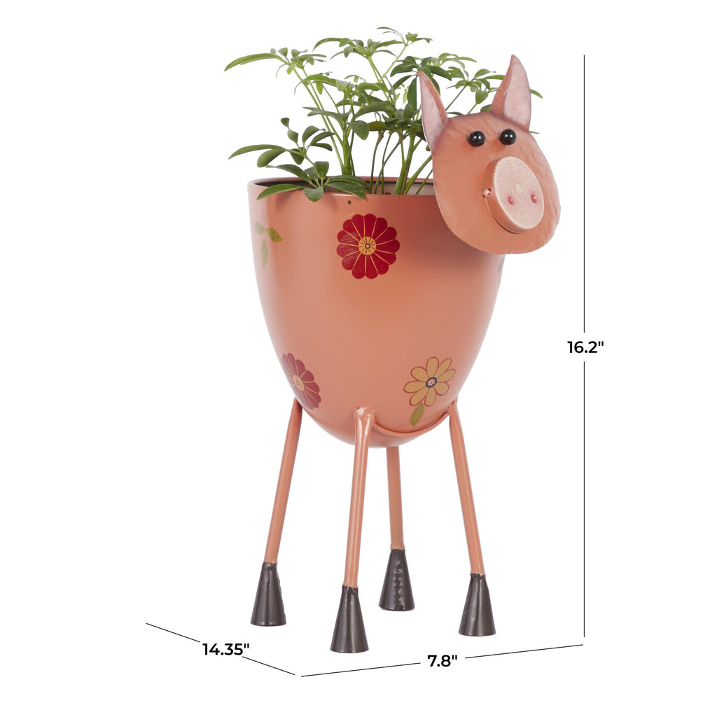 8" X 16" Pink Metal Pig Planter with Floral Accents