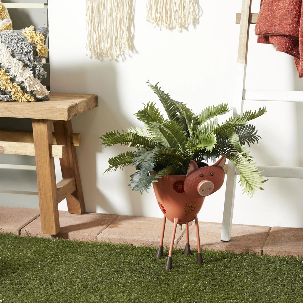 8" X 16" Pink Metal Pig Planter with Floral Accents