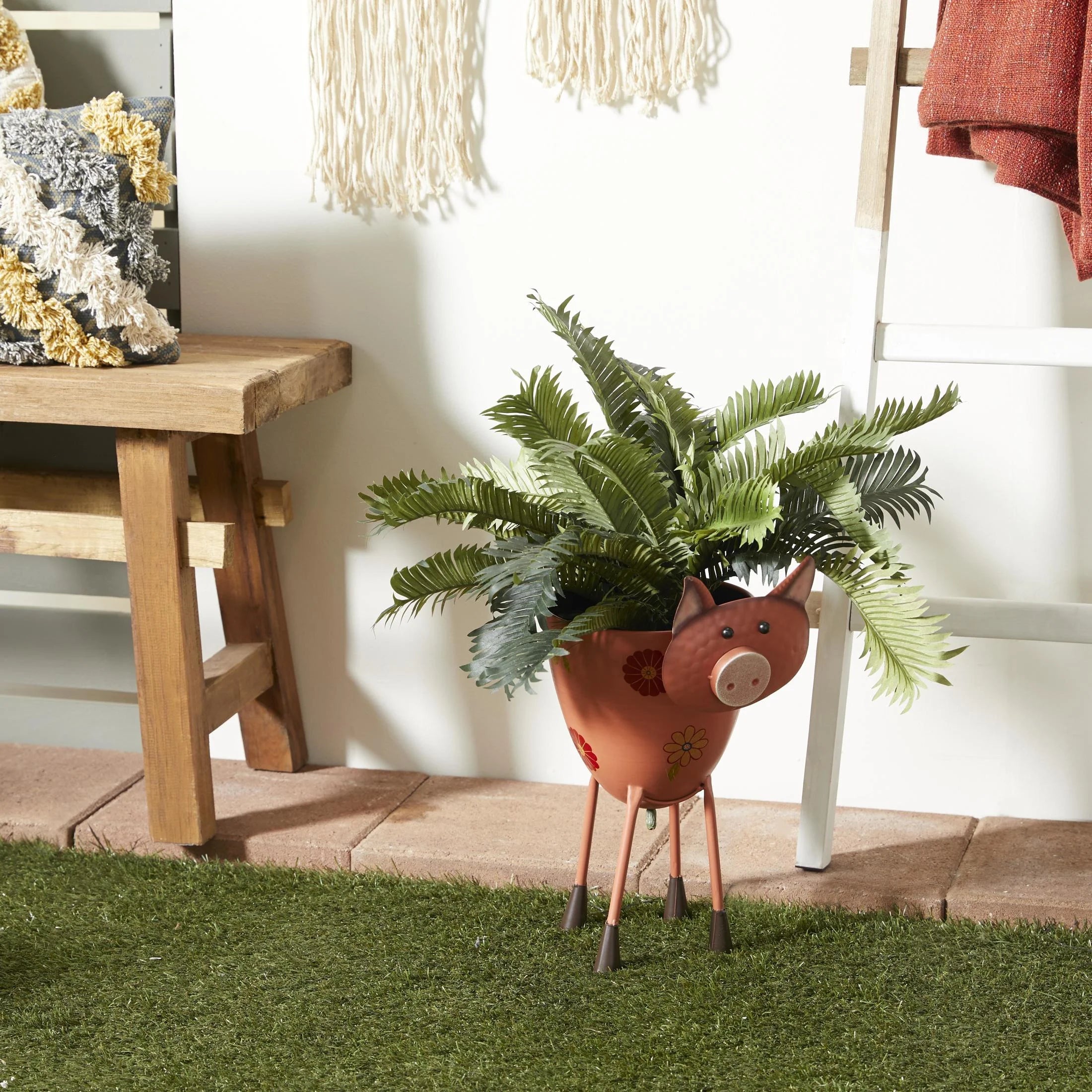 8" X 16" Pink Metal Pig Planter with Floral Accents